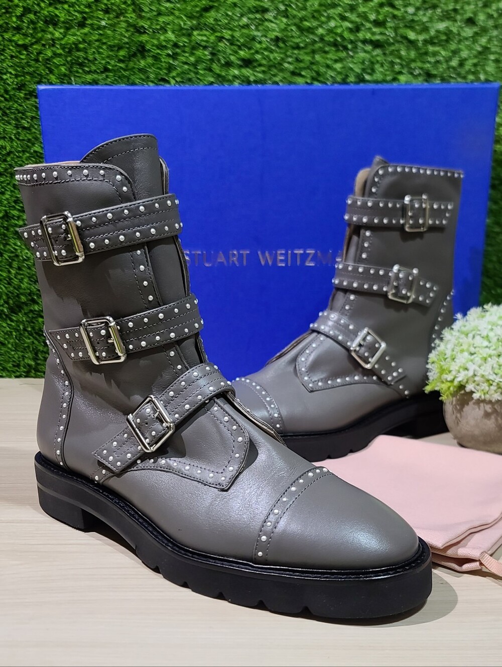 Stuart Weitzman Jesse Lift Leather Moto Boots / Flannel Grey US Women's 10.5 NEW